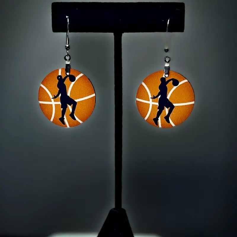 Mommamels Creations Sublimation MDF Circle Earrings - basketball design 1.5-Inch Unisex, Sterling Silver Hooks, Made for Women