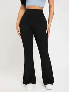 Women's Petite High-Waist Flare-Leg Plain Black Pants - Slim-Fit Casual Trousers