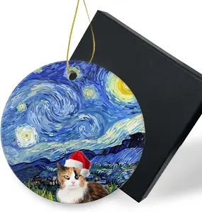 Calico Cat Christmas Ceramic Ornaments 2024-Cute Santa Hat Cat Holiday Present Xmas Tree Decorations Cute Animal Home Decor Ornament Flat Circle Ceramic Ornament 3In Xmas Ornament with