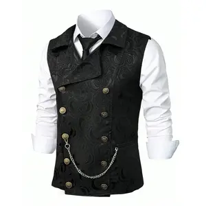 Men’s solid-color double-breasted suit vest with chain, regular fit, casual retro style, sleeveless button-front vest, suitable for wedding parties, fashionable men’s clothing for all seasons, GARMENTARY
