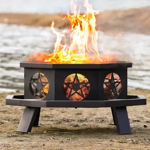 FORIOUS 43 inch Fire Pit, Outdoor Fire Pit Wood Burning Fire Pits with Cooking Grill, Large Firepits for Outside Octagonal Heavy Duty Firepit with Poker for Bonfire, Backyard, Patio, Picnic, Camping
