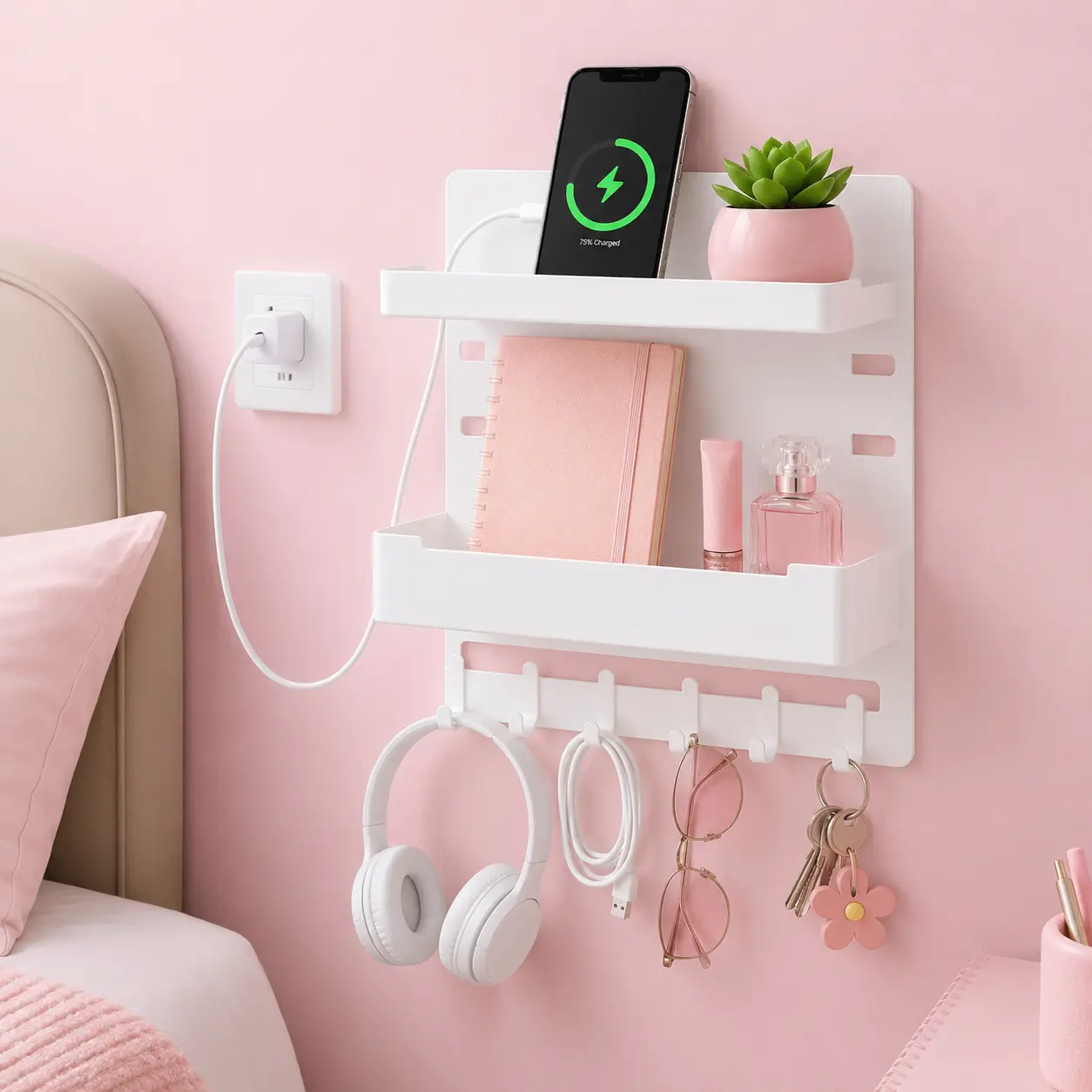 Wall Mounted Bedside Organizer Shelf - Floating Storage Rack with Hooks, Space-Saving Phone Holder for Dorm Bed, RV; Holds Nightstand Essentials, Remote, Keys, Glasses, Home Decor Supplies
