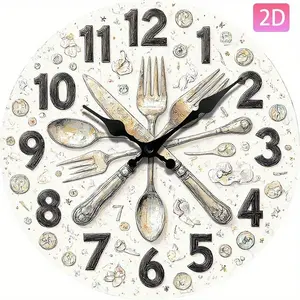 Creative Round Wall Clock with Tableware Pattern Retro Restaurant Decoration Silent Timepiece for Home Décor Great Gift No AA Batteries Included