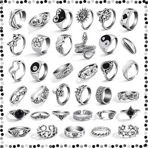 35PCS Vintage Silver Knuckle Rings Set for Women Men, Gothic Punk Snake Skull Stackable Rings, Adjustable Bold Grunge Aesthetic Midi Finger Ring Pack