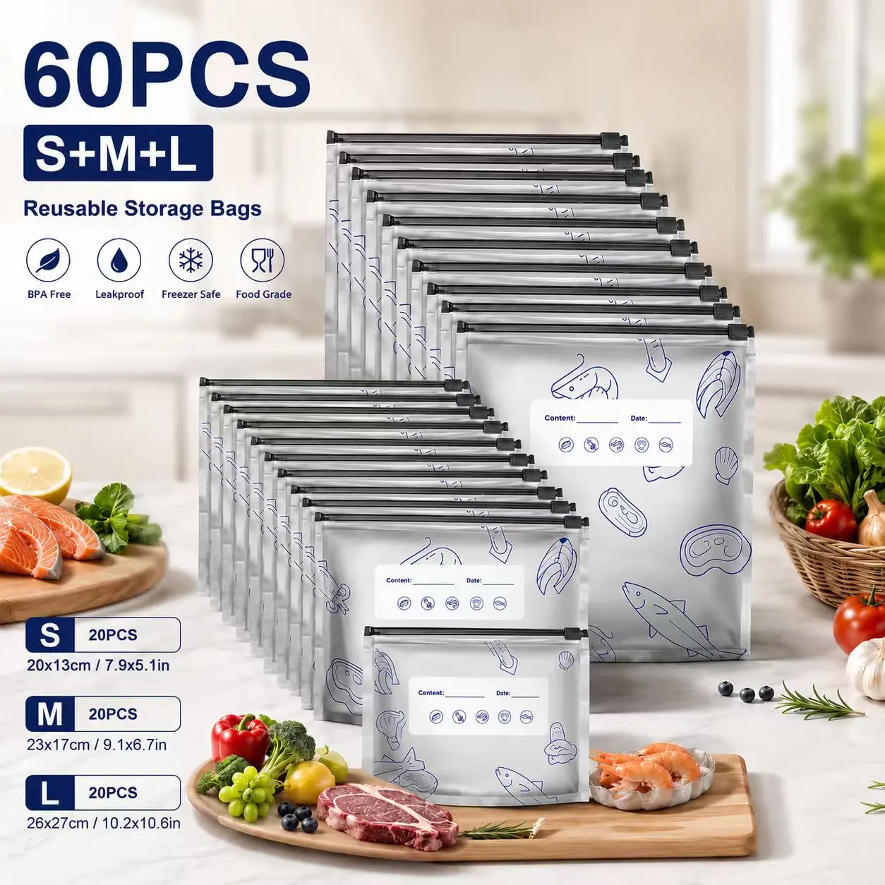 30PCS Food Preservation Bags 3 Sizes Airtight Waterproof Reusable Vegetable Storage Containers for Kitchen Utensils Standard Meal Prep