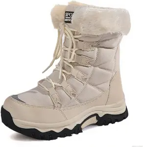 1 Pair Beige Women Waterproof Winter Snow Boots Warm Faux Fur Lined Insulated Non-Slip Outdoor Lace-Up Mid Calf Booties Footwear Girl