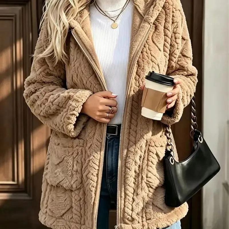 Women's Fuzzy Fleece Jacket with Hood, Cable Knit Plush Hooded Coat, Warm Winter Outerwear, Cozy Loose Cardigan Overcoat Casual Womenswear Chic Everyday Soft Strap
