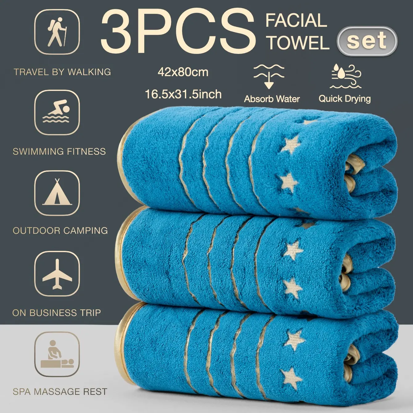 3-Pack Gold Trim Embroidered Premium Bath Towels Set, Large Thick Quick Drying Absorbent Microfiber Towels for Spa Home Camping Hotel School Travel Beach Community Factory Use