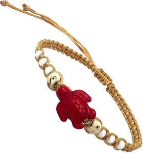 Handmade Macrame Turtle Anklet Bracelet Beige Cord with Red Resin Turtle White Beads 6-10 Inches Adjustable Beach Inspired Jewelry