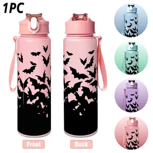 1 Piece Gradient Sports Water Bottle, 25oz, Black Bat Night Sky Print with Letter & Time Scale. One-touch flip lid, leakproof, large capacity. Suitable for fitness and cycling. Perfect gifts for Valentine's Day, Mother's Day and other festivals.