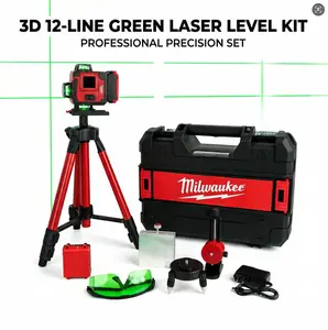 Milwaukee 3D 12 Line Green Beam Self Leveling Laser Level Kit with 360 Degree Continuous Plane and 6000mAh Lithium Battery Professional Measuring Tool with Aluminum Lifting Platform and Strong Magnetic Wall Bracket