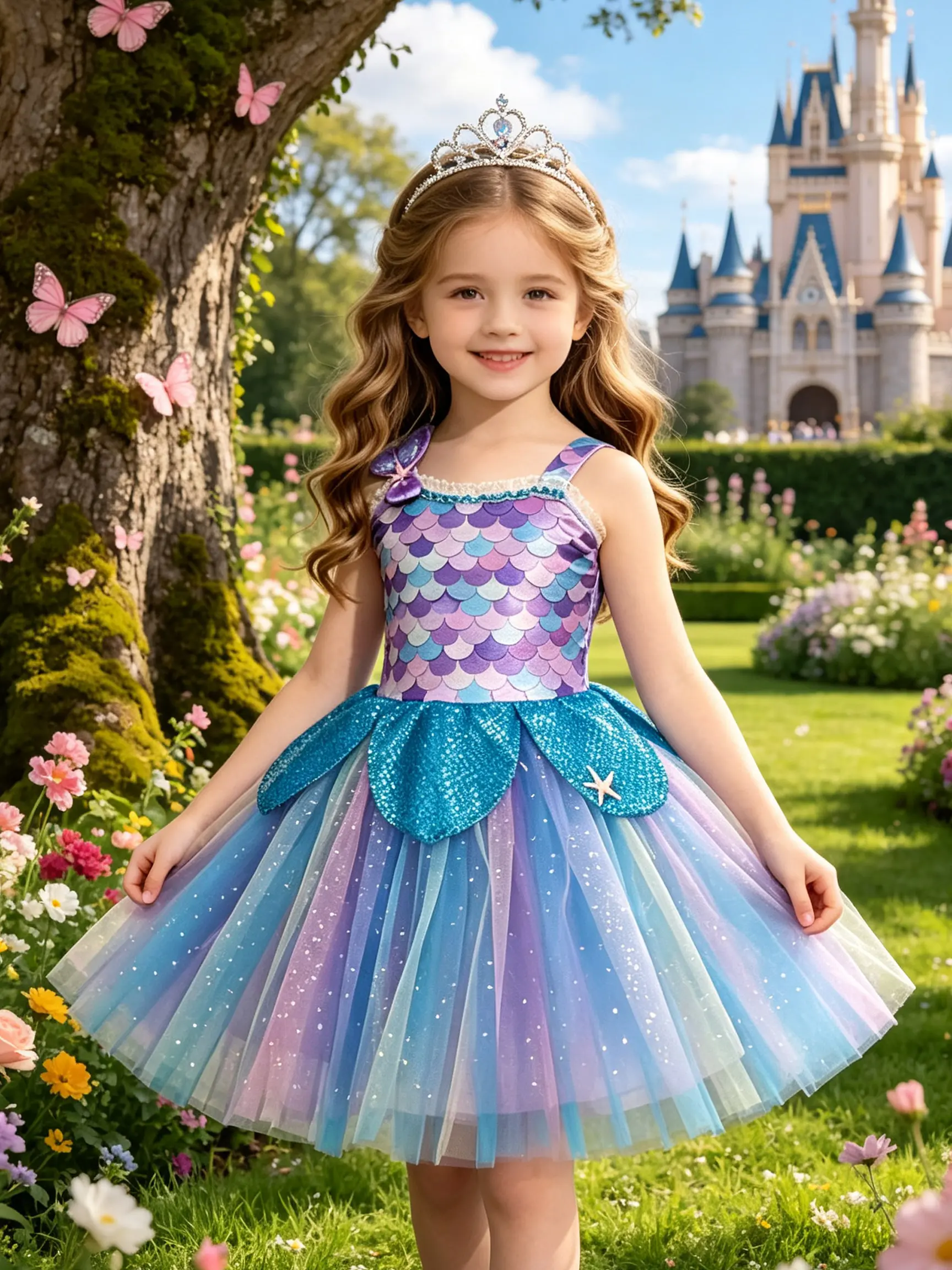 Toddler Girls' Sleeveless Ombre Fish Scale Mermaid Dress - Teal Sequin, Petal & Starfish Decor, Gradient Sparkly Tulle Tutu Above Knee Skirt Outfit for Halloween, Birthday Party Princess Role Play