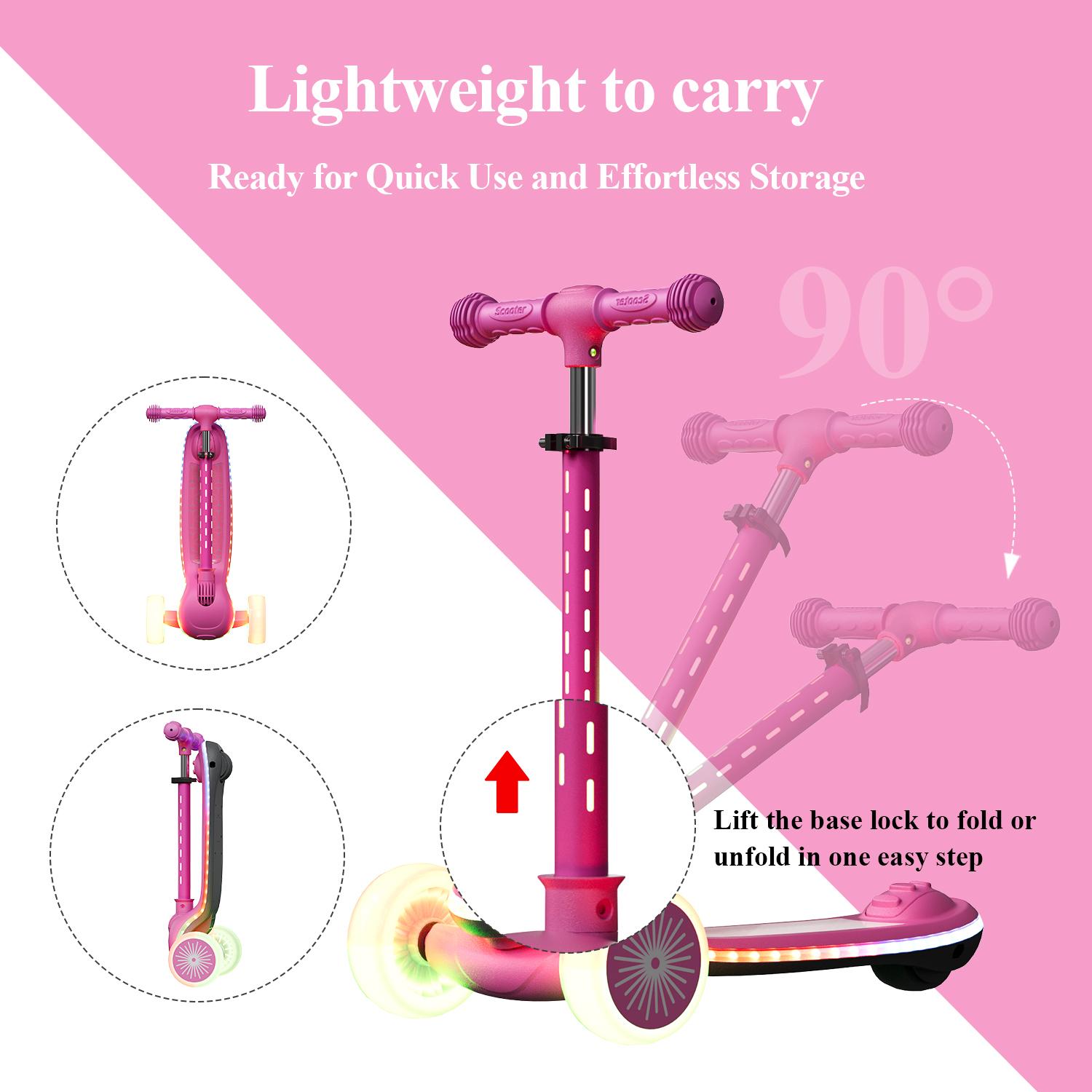 WINHOPE Pink Kids Scooter for 2-5Y with LED Light-Up Wheels 1-Step Fold All-Terrain Ride Fun and Safe for Children WINHOPE Pink Kids Scooter for 2-5Y with LED Light-Up Wheels 1-Step Fold All-Terrain Ride Fun and Safe for Children
