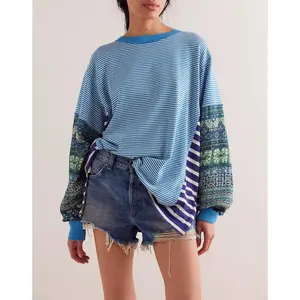 Women’s Oversized Color-Block Sweatshirt with Pinstripes, Floral Patchwork, Long Sleeves, and a Crew Neck