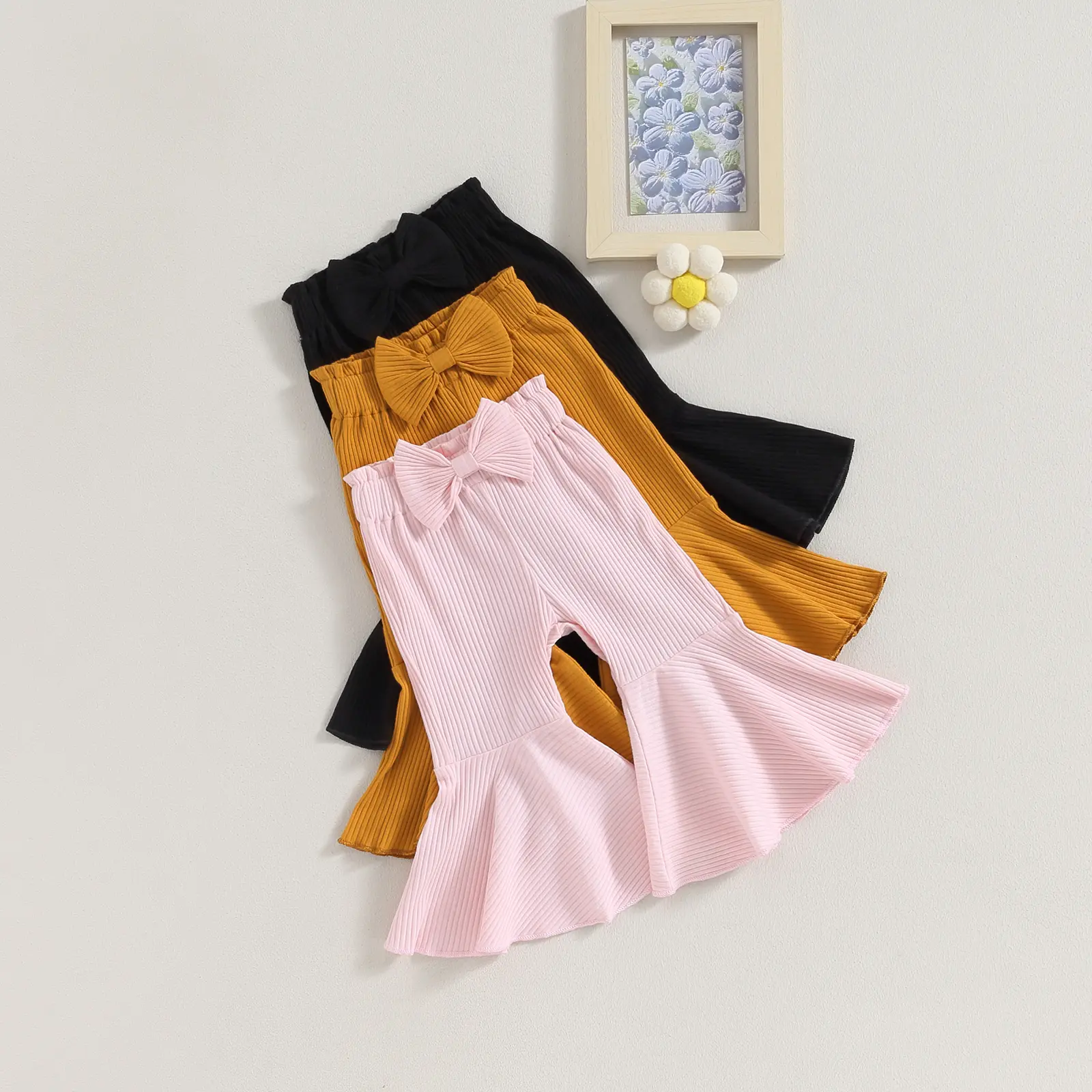 3pcs Infant Girl Flare Pants - Solid Color Ribbed Trousers with Bowknot Elastic Band Waist, Fall Bell Bottoms for 12-18 Months, 2-3 Years (37 cm), Cotton