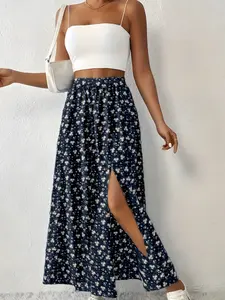 Tartan Pattern High-Waist Midi Skirt, Elastic Waistband, Side Slit Design, Perfect for Casual Outing & Daily Commute, Chic