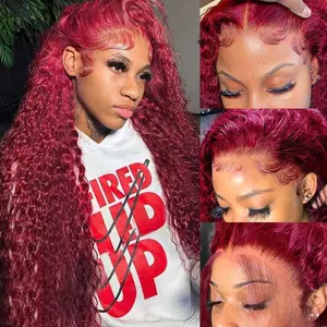 Burgundy Wig Human Hair 99j Curly Human Hair Wig 13x6 Deep Wave Lace Front Wigs Human Hair 180 Density Red Wine Transparent HD Lace Frontal Wig Pre Plucked Curly Human Hair Wig