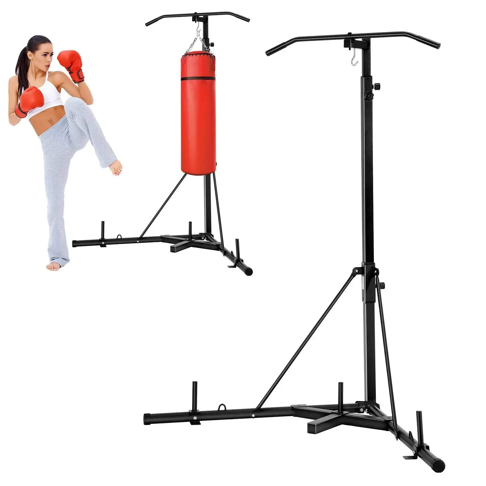 VEVOR 2 in 1 Punching Bag Stand, Steel Heavy Duty Workout Equipment, Adjustable Height Boxing Punching Bag Stand with Pull Up Bar, Freestanding Sandbag Rack, Holds Up to 140 lbs, for Home Gym Fitness