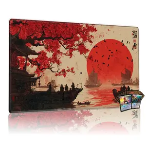 East Asian Red Sun Landscape MTG Playmat - 12x24in Non-Slip, Ideal for TCG MTG Card Games, Family Gathering & Party Use, Perfect Gift with Ink-Wash Aesthetic