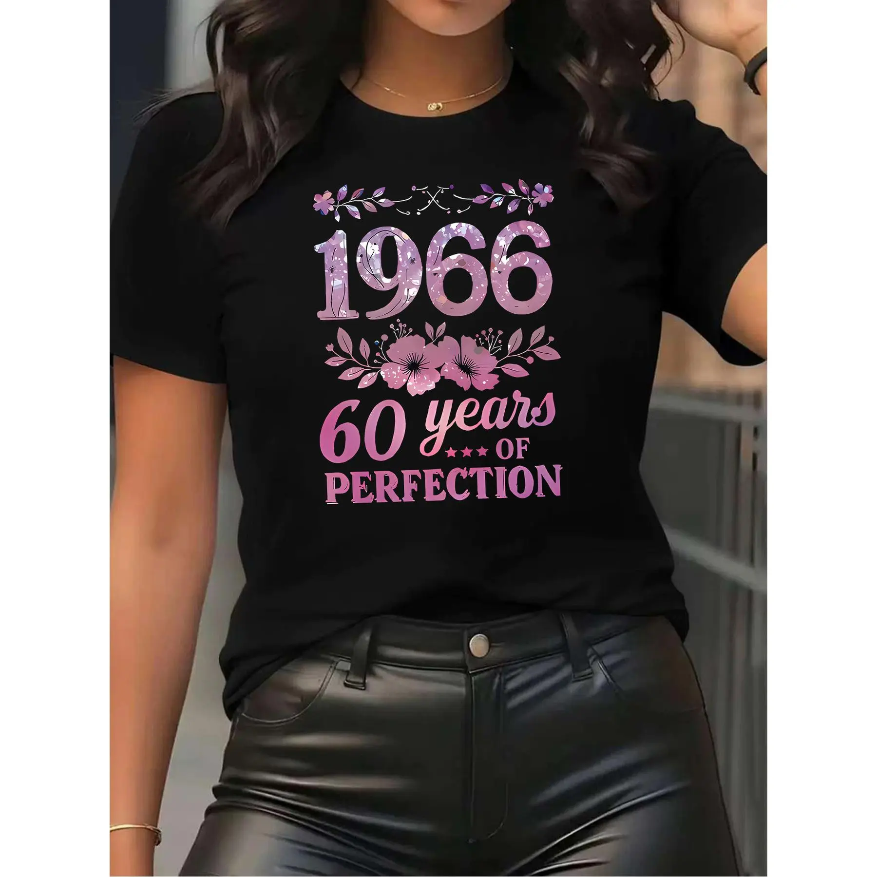 Women's summer T-shirt with round neck and floral print with the text '1966 60 Years of Perfection', a casual summer T-shirt made of lightweight and breathable fabric, a stylish garment to celebrate a 60th birthday, a commemorative T-shirt of a modern mil