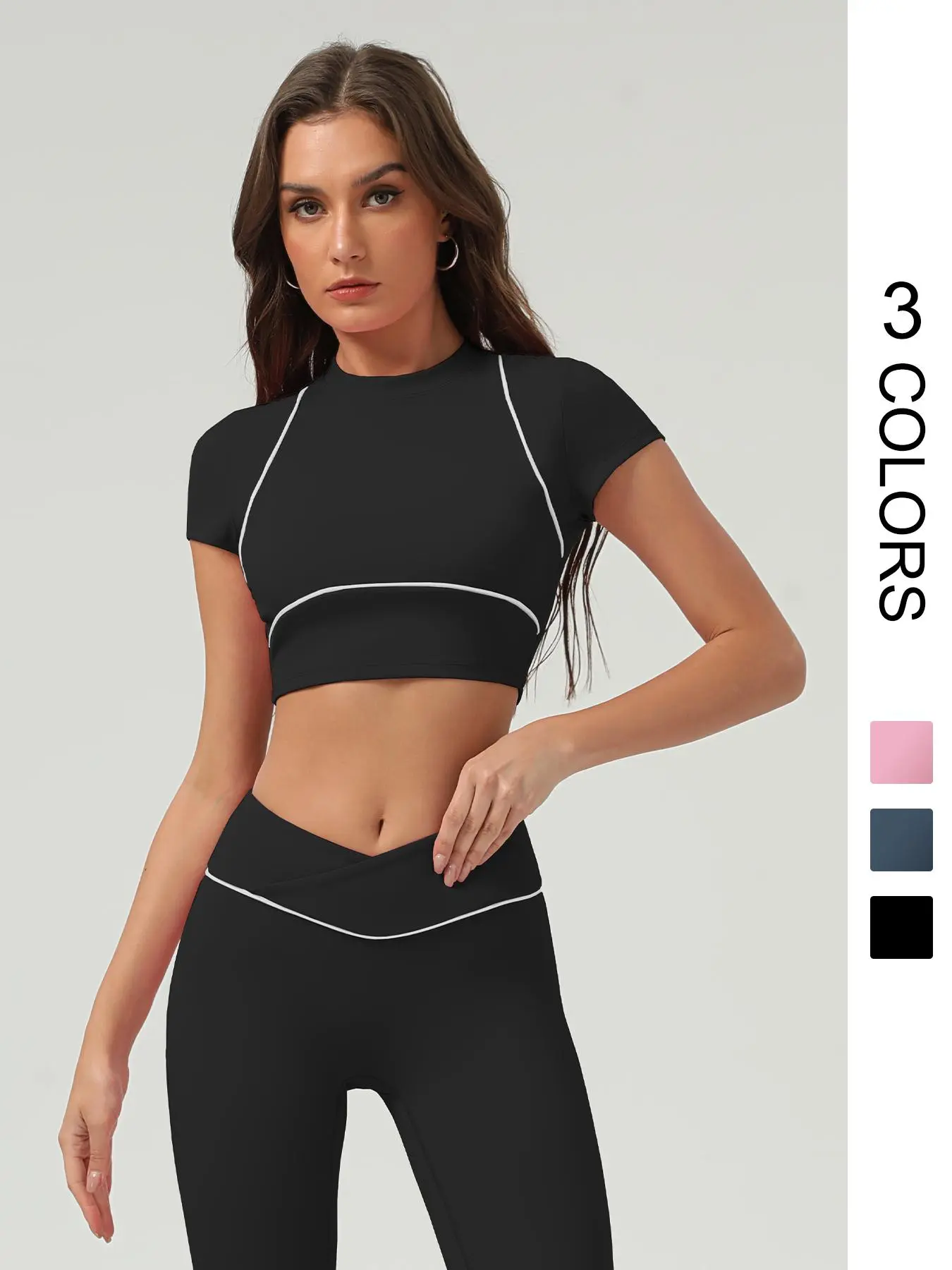 Women's Plain Contrast Color Pull Tab Sports Tee, Casual Comfy Breathable Short Sleeve Crop Top for Yoga Gym Workout Running Dance, Ladies Sportswear for All Seasons