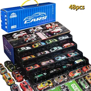 48-Piece Realistic Race Car Set,Collector's Edition Gift Box(12.1*4*4.7inch),4-layer interactive toy car, Includes Map & Parking Lot, Perfect Holiday Present