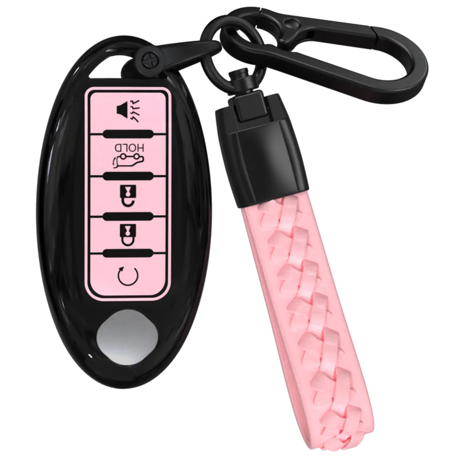 ACEBOY Premium TPU Car Key Cover with Keychain for Nissan Altima, Rogue, Murano, Pathfinder, Armada, Maxima, Sentra, Versa 2013-2022 (Black/Pink, 5 Buttons)