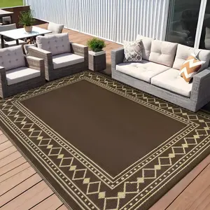 GARVEE Outdoor Rugs 8x10 Modern Plastic Straw Rugs, Waterproof Patio Modern Border Camping Carpet, Lightweight Reversible Floor Mats for Patio RV Porch Deck Balcony Beach, Brown