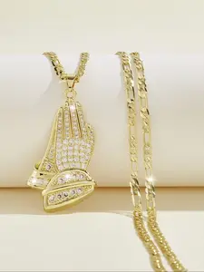 Hiphop Ice Prayer Hand Pendant Necklace, Drop Necklace, Shiny Luxury Brass Plated, Unisex Jewelry, All Seasons, Holiday Gift