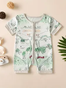 Boys' Map Print Short Sleeve Zipper Casual Jumpsuit, Toddler Outfit, Fire Retardant Fabric, Round Neck, Summer, Comfortable and Stylish, Baby Boy Clothes