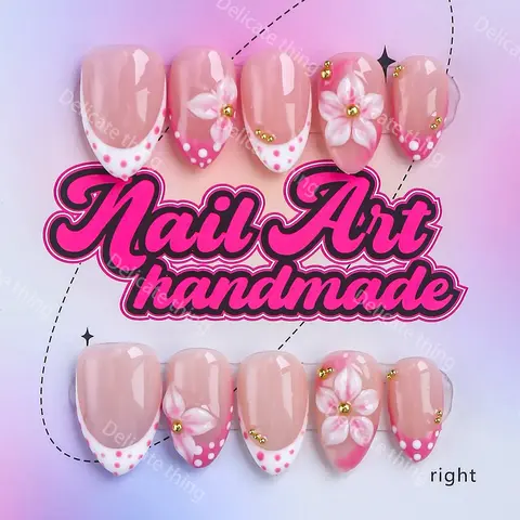 Y2K Short Chubby Almond Press-On Nails 10pcs, 100% Handmade Wearable Decorative Nails with 4 Sizes (XS,S,M,L) - White French Tips Nails, Black Polka Dots & Pink Carved Flowers, Perfect Gift for Girls! Includes Jelly Glue, Crystal Stick & Nail File