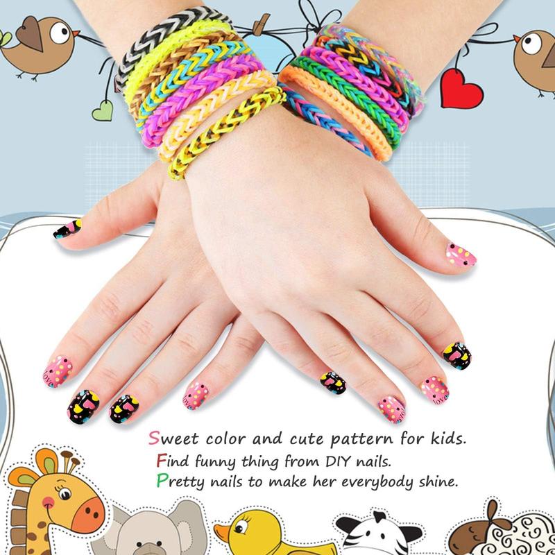 288PCS kids False Nail, Press on Pre-glue Full Cover Candy Pattern Short False Nail Kits with 48PCS Nail Adhesive Tabs, Valentine's Day Lovely Gift for Kids Little Girls Nail Art Decoration