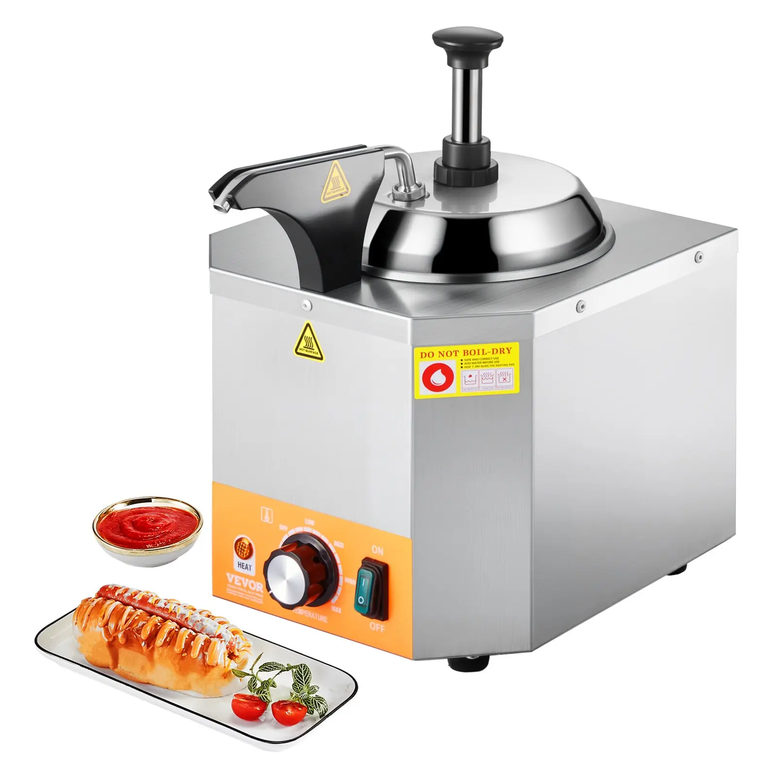 【Summerfinds】VEVOR 2.4L Stainless Steel Electric Cheese Dispenser with Pump, 450W Commercial Temp-Adjustable (86-230℉) Hot Fudge Warmer, Dry Burn Guard Stainless Steel Machine for Snack Bars, Canteens, 260x330x370mm, 4.75kg/10.5lbs, AC110V-120V, 260 X 330