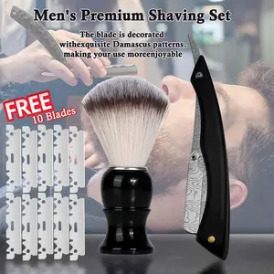 Men's Premium Shaving Set with Stainless Steel Barber Razor Foam Brush Safety Guard Wood Handle Free 10 Blades for Smooth Shave