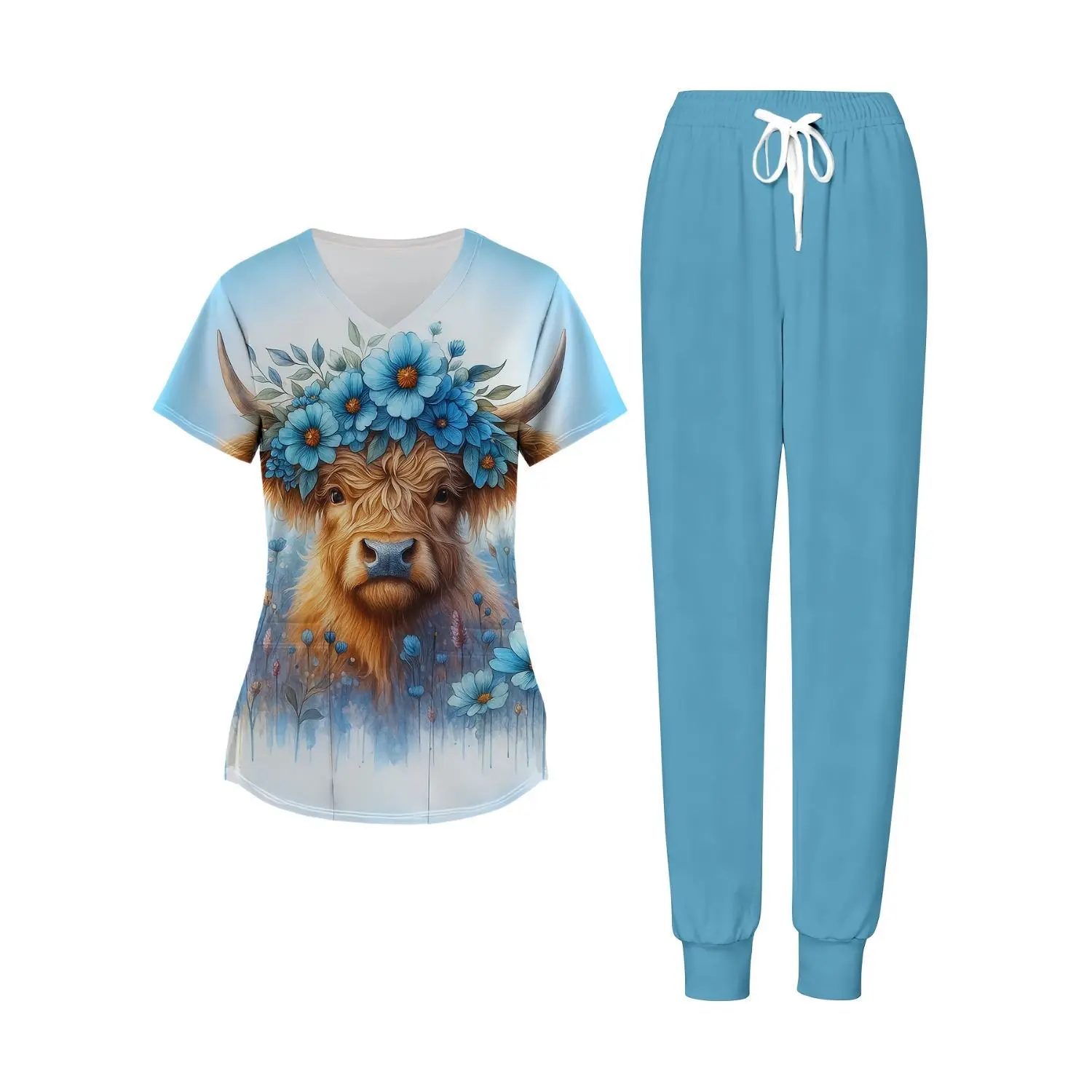 Plus Size Women'S Nursing Uniform Set Printed Highland Cow With Blue Flowers Design Comfortable Scrubs For Work Home Relaxation Comfort Fabric Suitable For Gifting