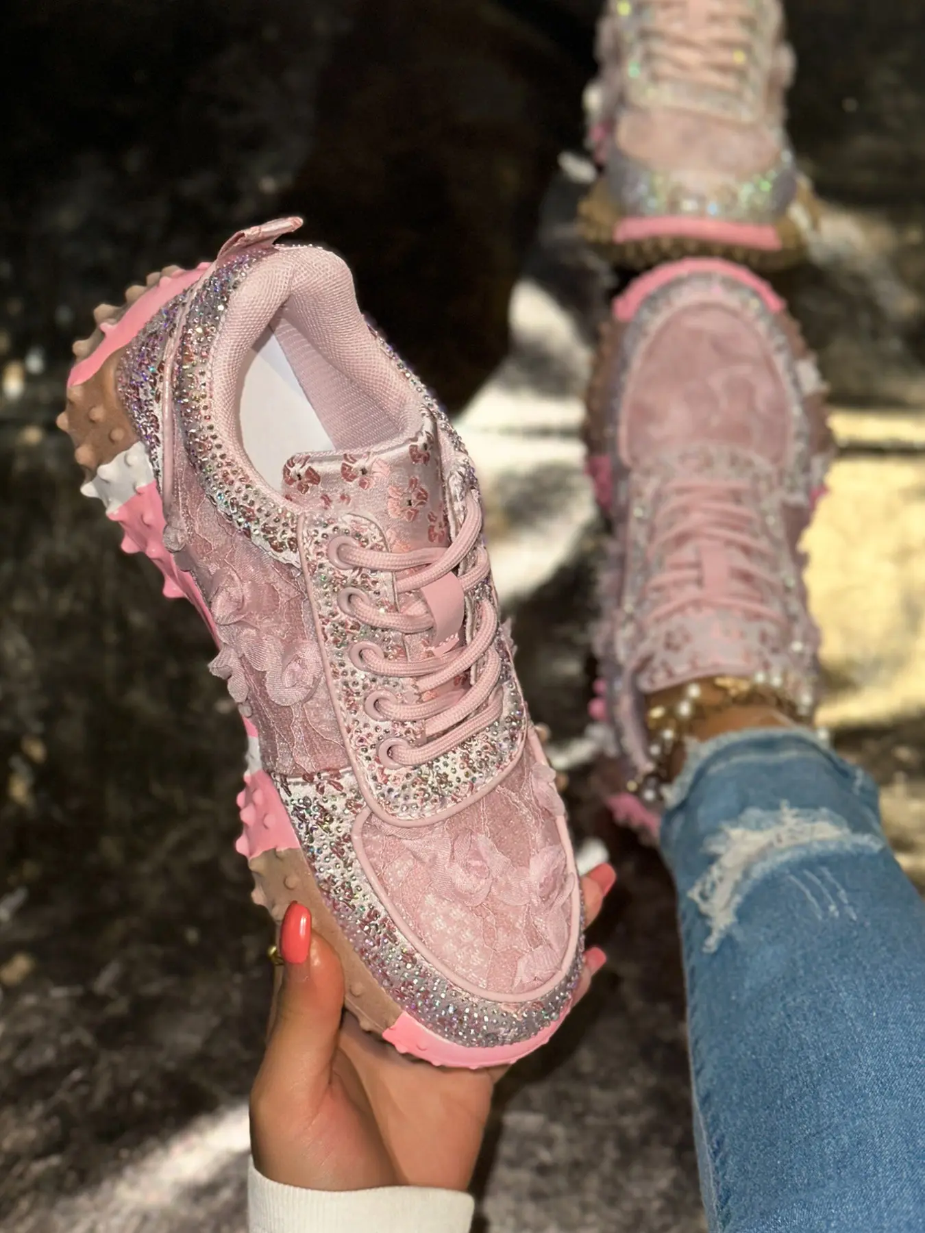 New Arrival Rhinestone Thick Sole Dad Shoes for Women, Lace Up Water Drizzle Versatile Sports Shoes, Height Boosting Casual Shoes, Sneaker, Thick Soled Sneakers