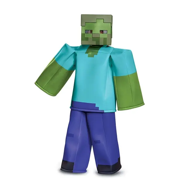 HalloweenCostumes Kids' Officially Licensed Minecraft Zombie Costume, Prestige Foam Construction Set with Blocky Look, Elastic Waistband Pants, and Mask with Mesh Pixelated Eyes, 100% Polyurethane Foam, 3D Constructed Foam Tunic