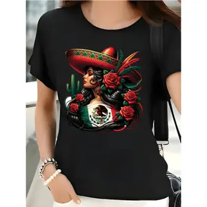 Women's Short-Sleeve Crewneck T-Shirt, Vibrant Mexican Floral Print, Sombreros Theme Casual Top, Ideal for Easter, Mothers Day - Sports & Outdoor Womenswear
