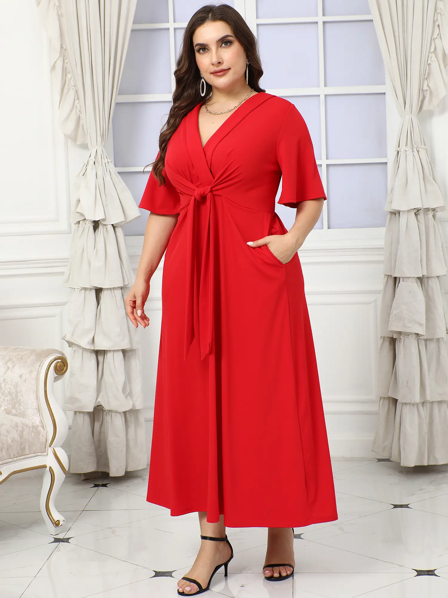 Ekaliy Women's Elegant Wedding Guest Dress Adjustable Tie Front V Neck Ruffle Sleeve A Line Formal Maxi Church Dresses