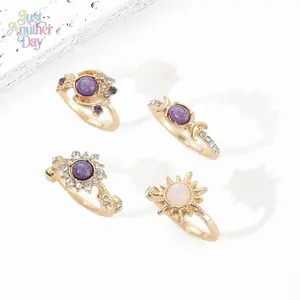 Women’s Sun & Moon Gemstone Ring Set, Trendy Geometric Stackable Rings with Sparkling Crystal Detail, Minimalist Light Luxury Jewelry for Daily Wear, Dates, Parties & Gift Giving SpringStatements
