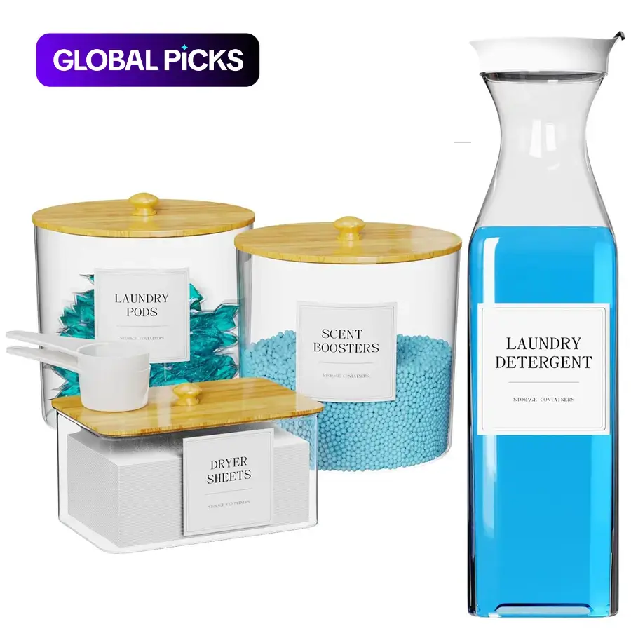 4-Piece Reusable Containers Set, Laundry Pods Container, Dryer Sheet Holder & Detergent Dispenser, Storage Organizer Jars with Wooden Lids, Labels & Scoops for Scent Boosters and Pods #GLOBAL PICKS