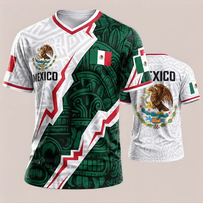 Men's Mexican Patriotic Soccer Football Jersey Lightweight V-Neck T-Shirt for Sports Fans, Eagle Aztec Flag Print Casual Athletic Top