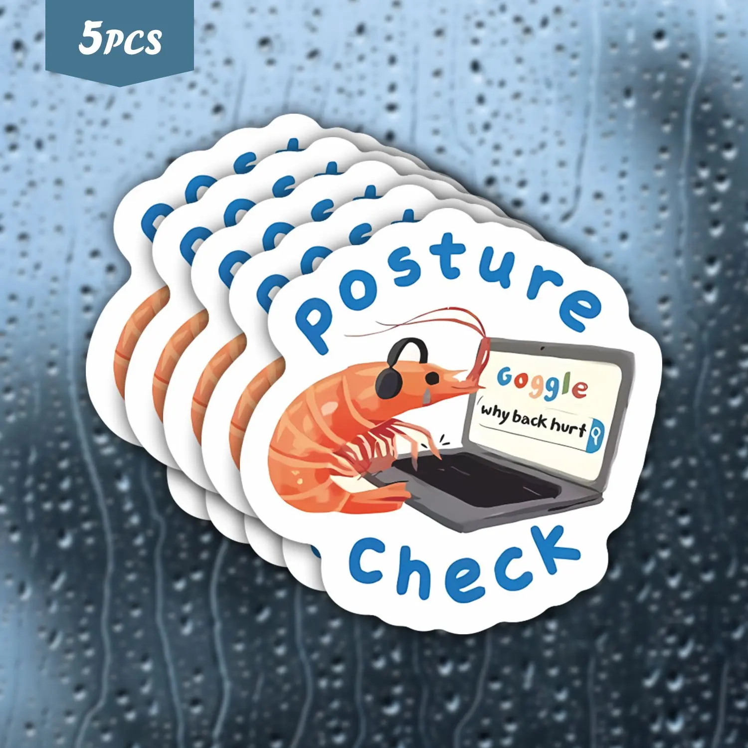 5Pcs "Posture Check" Shrimp Meme Waterproof Vinyl Sticker, Humorous Office Self-Adhesive Decal, Suitable For Water Bottles, Laptops, Desks, Ideal For Remote Workers, Office Humor Fans And Meme Enthusiasts