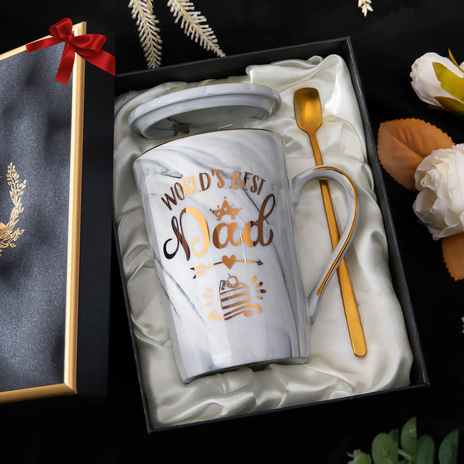 Biching Father's Day Gifts, Gift for dad,Gift for Husband, World's Best Dad 14oz Ceramic Coffee Mug with Gold Pattern & Marble Design Perfect for Christmas & Birthdays Gift Set