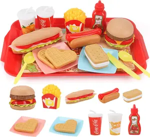 Pretend Play Food Set for Kids, 15PCS Fast Food Toy Set with Tray, Burger, Hotdog, Fries & Drinks, Kitchen Play Accessories for Boys Girls, Realistic Role Play Toy, Christmas Birthday Gift