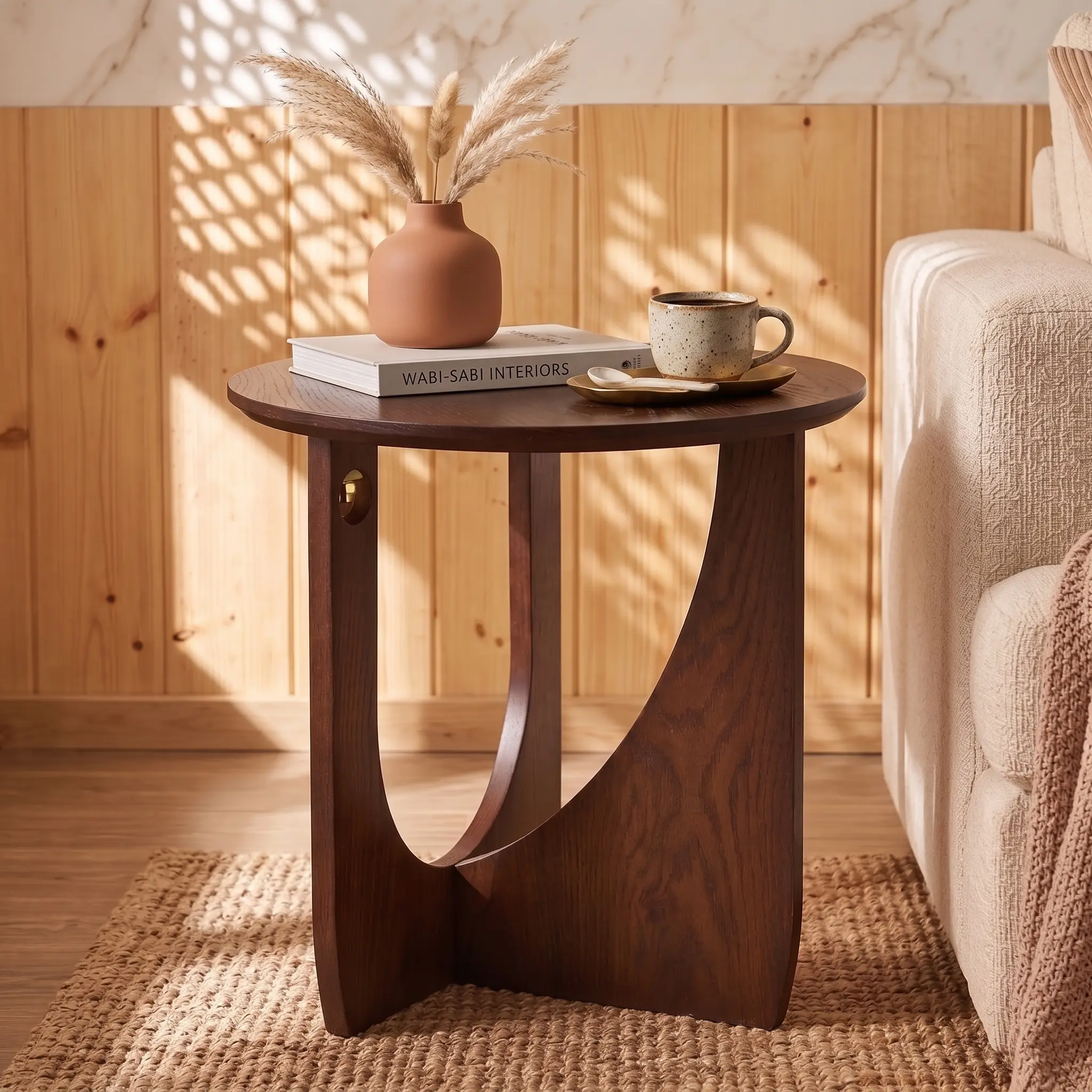 100% Solid Wood Round Side Table, 19.7'' Walnut Brown Small End Table, Sofa Side Table with Sculptural Curved Base, Minimalist Accent Table for Living Room, Bedroom, Reading Nook