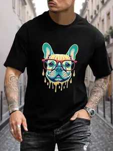 Frenchie Dog With Glasses Print T Shirt, Tees For Men, Casual Short Sleeve T-shirt For Summer