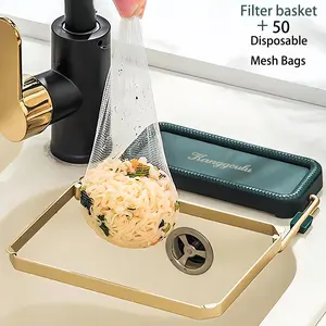 Foldable Kitchen Sink Filter Basket with 50 Disposable Mesh Bags - Food Waste Disposal Tool, Food Waste Management, Collapsible Sink Strainer & Sink Net for Kitchen Sink Drain, Kitchen Accessories