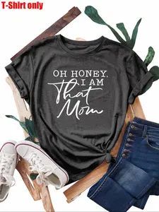 Plus Size "OHONEY I AM THAT MOM" Print Round Neck Tee, Fashion Casual Crew Neck Short Sleeve T-shirt for Daily Outdoor Wear, Women Plus Clothing for Summer