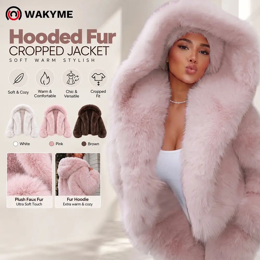 Women's Faux Fur Hooded Jacket, Soft Fuzzy Winter Coat, Warm Plush Outerwear, Relaxed Fit Casual Jacket for Fall & Winter